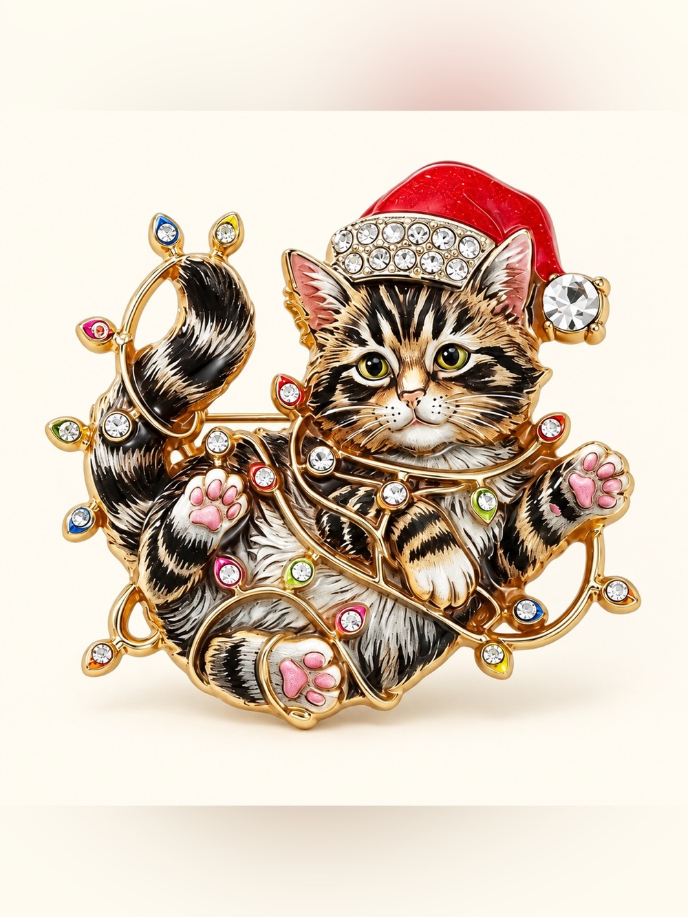 Christmas Tabby Cat Santa Festive Gold Brooch - Picture 3 of 8